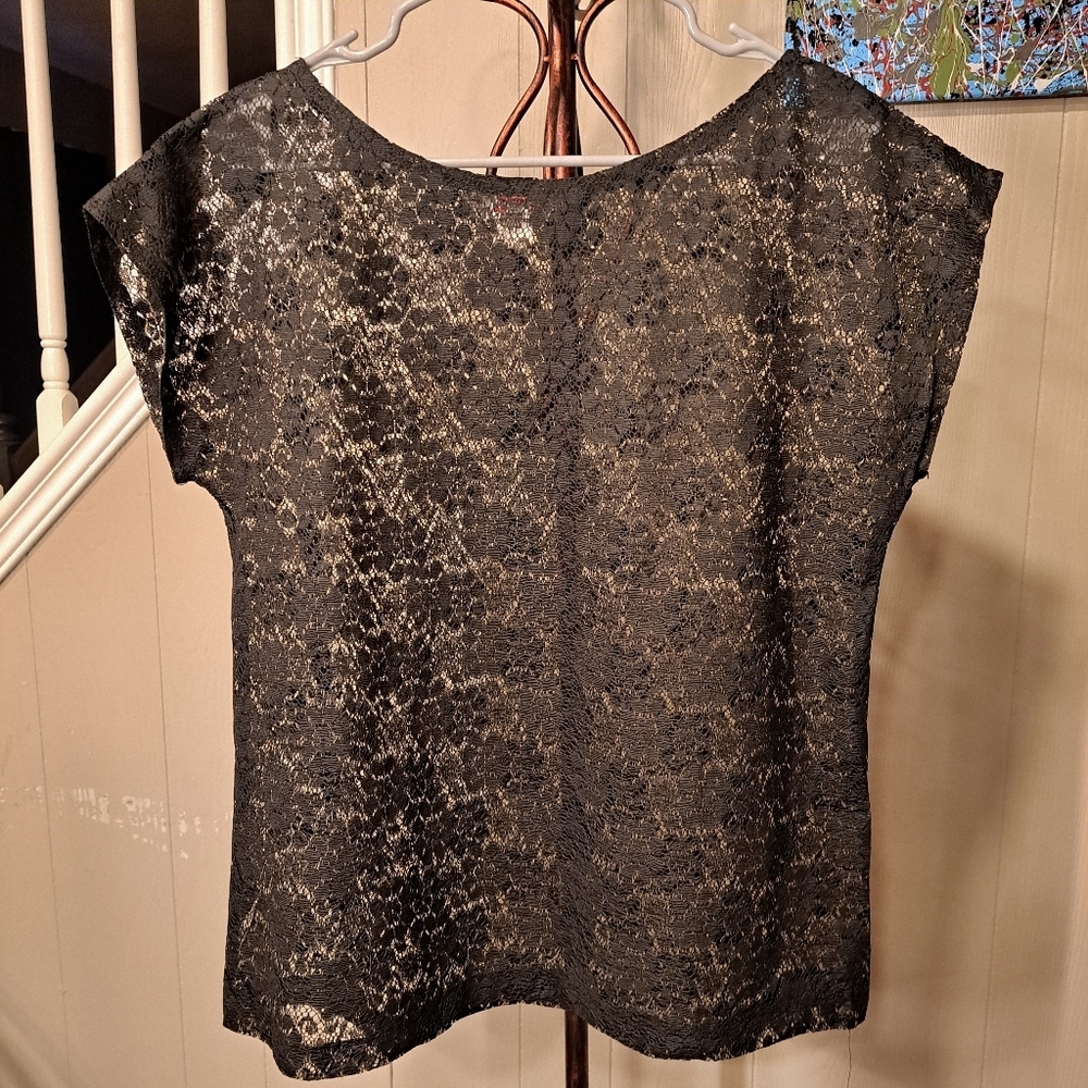 Rare Vintage Georgy Black Venetian Lace Overlay Blouse Women's Large